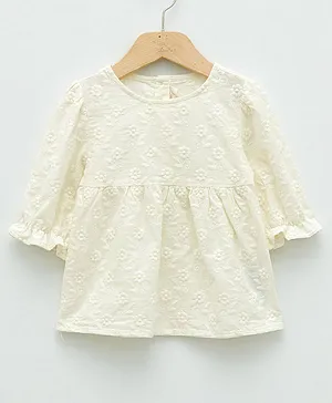 LC Waikiki Three Fourth Frill Sleeves Floral Veil Embroidered Top - Cream