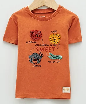 LC Waikiki Forest Animals Theme Lion & Tiger Printed With Fur Applique Detail Tee- Dull Orange
