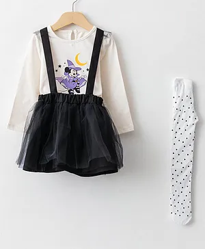 LC Waikiki Full Sleeves Minnie Mouse Printed Tee & Suspender Styled Skirt With 1 Pair Of Socks - Grey Black