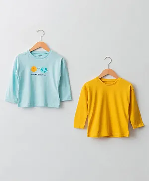 LC Waikiki Pack Of 2 Full Sleeves Happy Together Planet Earth And Sun Printed Tees - Yellow & Aqua Blue