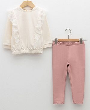 LC Waikiki Full Sleeves Flounce Detailed Sweatshirt With Leggings - Cream