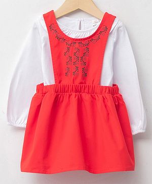 LC Waikiki Full Sleeves Solid Tee With Floral Embroidered Dress - Red