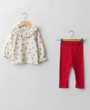 LC Waikiki Full Sleeves All Over Vintage Floral Printed Top With Ribbed Leggings - Cream & Red