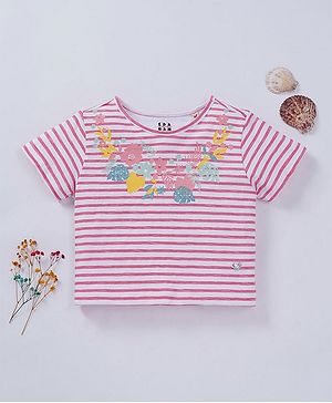 Ed-a-Mamma Cotton Sustainable Striped T-Shirt Floral Print - Pink