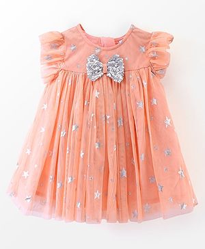 Babyhug Woven Frill Sleeves Party Frock with Sequin & Bow Corsage - Coral