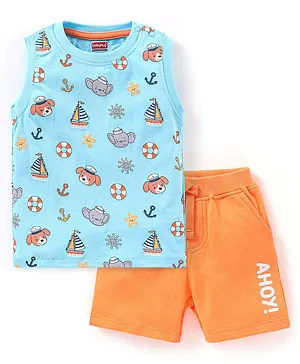 Babyhug Cotton Knit Sleeveless T-Shirt & Shorts Set Sea Theme Print - Blue & Orange