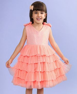 Babyhug Sleeveless Sequinned Tiered Party Frock with Bow Applique - Peach
