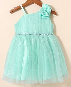 Babyhug Sleeveless Party Frock With Bow Applique & Glitter Detailing - Mint
