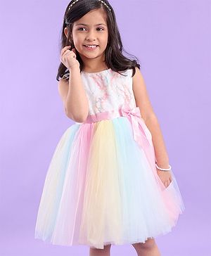Babyhug Sleeveless Sequin Embroidered Yoke Party Frock With Bow Applique- Pink & Blue