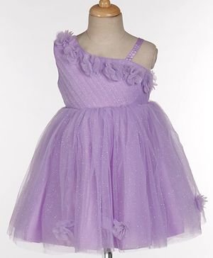 Babyhug Sleeveless One Shoulder Party Frock With Floral Corsage & Glitter Detailing - Lavender