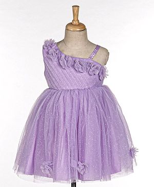 Babyhug Sleeveless One Shoulder Party Frock With Floral Corsage & Glitter Detailing - Lavender