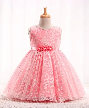 Babyhug Sleeveless Party Frock With Floral Foil Embroidery & Corsage- Peach
