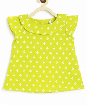Campana 100% Cotton Cap Flutter Sleeves Floral Motif Printed Top - Lime Green