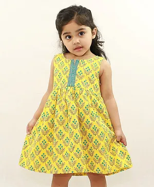 Campana 100% Cotton Sleeveless Motif Printed Lace Embroidered Dress  - Yellow & Turquoise Blue