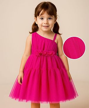 Babyhug Mesh Sleeveless Solid Party Frock With Floral Corsage- Hot Pink