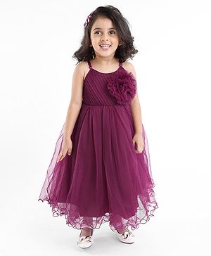 Babyhug Woven Singlet Sleeves Mesh Party Dress with Floral Corsage - Aubergine