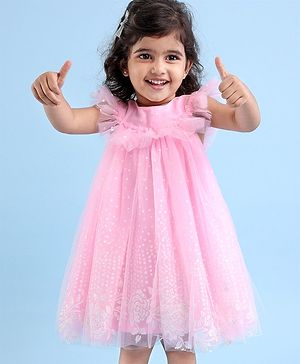 Babyhug Sleeveless Party Frock With Floral Embroidery & Glitter Gel Print- Pink