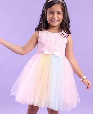 Babyhug Sleeveless Party Dress with Floral Sequins & Bow Corsage - Pink & Yellow