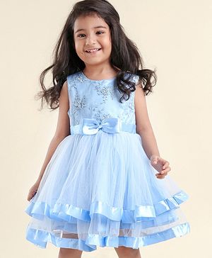 Babyhug Sleeveless Mesh Party Dress with Floral Embroidery & Bow Corsage - Blue