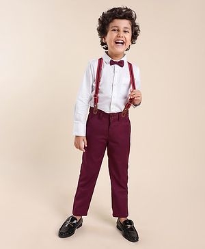 Babyhug Full Sleeves Party Solid Color Shirt & Pant with Bow & Suspender - White & Maroon