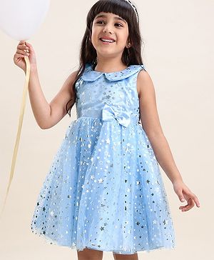 Babyhug Sleeveless Party Wear Star Embellished Mesh Frock - Light Blue