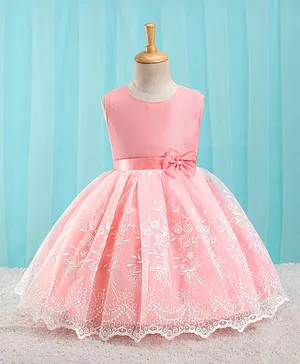 Babyhug Sleeveless Floral Embroidered Party Frock With Bow Applique- Peach