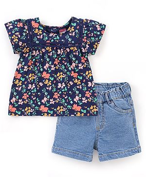 Babyhug 100% Cotton Knit Half Sleeves Top & Shorts Set Floral Print - Navy Blue