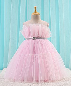 Babyhug Sleeveless Solid Color Mesh Party Frock - Light Pink