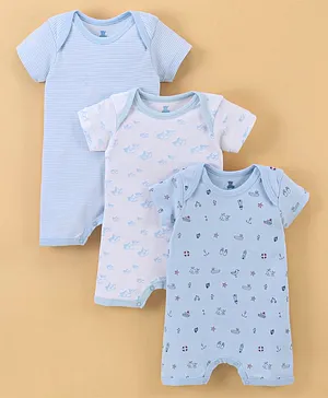 I Bears Cotton Half Sleeves Rompers Boat & Ship Print Pack of 3-  White & Blue