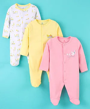 I Bears Interlock Cotton Full Sleeves Rompers Printed Pack Of 3- White Yellow & Pink