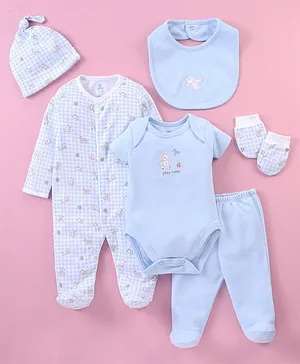 I Bears Interlock Half Sleeves Onesies With Leggings & Romper with Cap Bibs & Booties Bunny Print- Blue