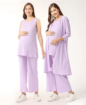 Bella Mama Threeforth Sleeves Ribbed Night Suit - Lilac