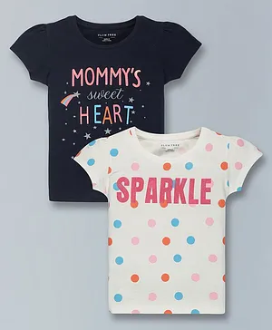 Plum Tree Pack Of 2 Short Sleeves Mommy Sweet Heart Sparkle  & Polka Dot Printed Tops - White & Navy Blue
