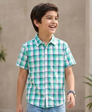 Pine Kids 100% Cotton Half Sleeves Checked Shirt- Blue