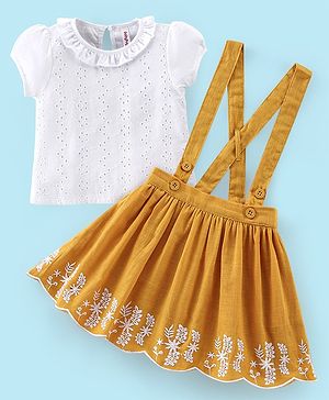 Babyhug 100% Cotton Knit Half Sleeves Top & Skirt with Suspender Floral Embroidery - White & Yellow