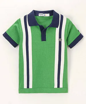 Noddy Half Sleeves Placement Striped Polo Tee - Green