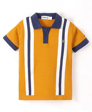Noddy Half Sleeves Placement Striped Polo Tee - Mustard Yellow