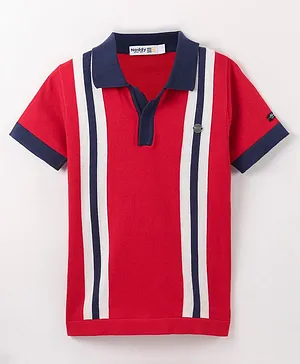 Noddy Half Sleeves Placement Striped Polo Tee - Red