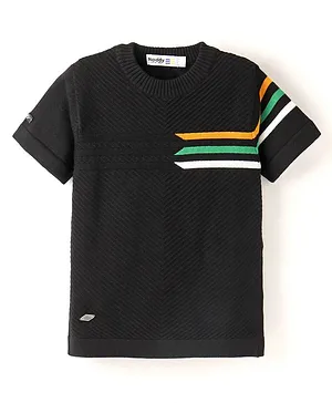Noddy Half Sleeves Placement Striped & Woven Striped Textured Tee - Black