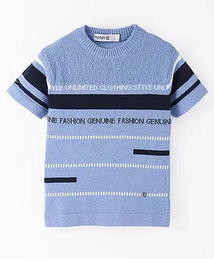 Noddy Half Sleeves Placement Striped & Genuine Fashion Text Printed Tee - Light Blue