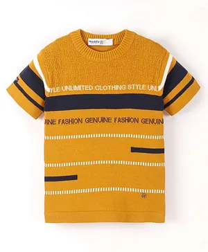 Noddy Half Sleeves Placement Striped & Genuine Fashion Text Printed Tee - Mustard Yellow