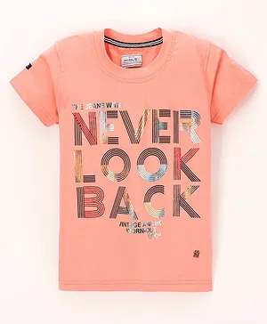 Noddy Half Sleeves Never Look Back Shimmer Text Printed Tee - Peach
