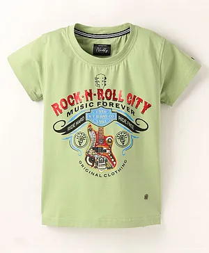 Noddy Half Sleeves Rock N Roll City With Vintage Guitar Printed Tee - Pista Green