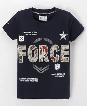 Noddy Half Sleeves Force Graphic Text Printed & Stone Embellished Tee - Navy Blue