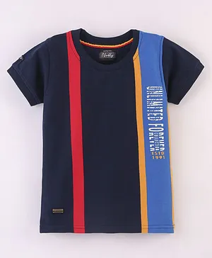 Noddy Half Sleeves Striped & Placement Text Printed Tee - Navy Blue