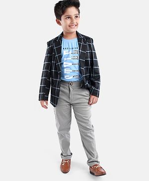 Noddy Full Sleeves Graph Checkered Blazer With Exclusive Style Text Printed Tee & Pant - Light Blue