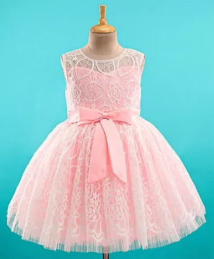 Bluebell Net   Sleeveless Party Dress with Floral Embroidery & Bow Corsage - Peach