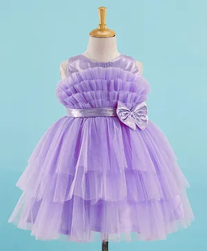 Bluebell Net Sleeveless Party Dress with Bow Corsage & Net Detailing - Lavender