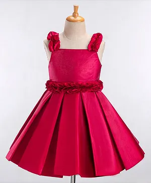 Bluebell Sleeveless Solid Pleated Party Frock With Floral Corsage- Red