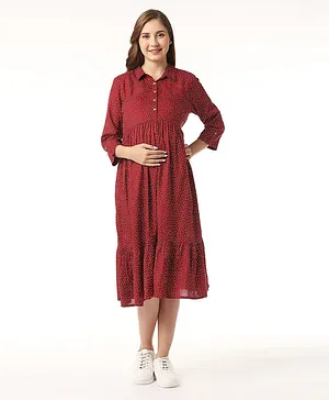Bella Mama Soft Rayon Thee Forth Sleeves Printed Tiered Maternity Shirt Dress With Pocket - Maroon